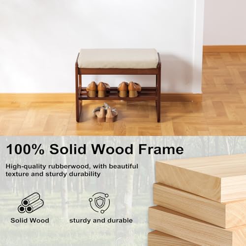 SOBIBO Solid Wood Shoe Bench, 2-Tier Wooden Entryway Bench, Modern Shoe Rack with Faux Leather Cushion for Hallway, Living Room (Gray, 21.65'') - color: Beige, size: 21.65 inches