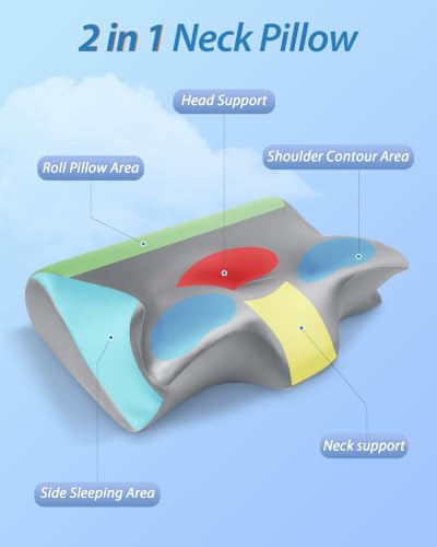 HOMCA Memory Foam Cervical Pillow, 2 in 1 Ergonomic Contour Orthopedic Pillow for Neck Pain, Contoured Support Pillows for Side Back Stomach Sleepers with Satin Pillowcase (Satin Gray) - color: Satin Gray