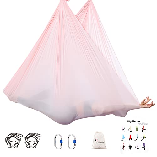 5.5 Yards Aerial Silks Yoga Swing Set - Aerial Yoga Hammock Kit Anti-Gravity Flying for Fitness, Low/Non Stretch Nylon Tricot Fabric Hardware Included for Dance - color: TENDER PINK
