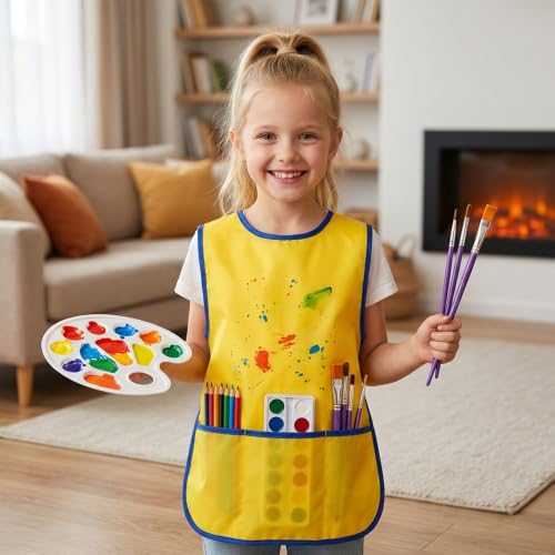 Kids Art Smock Sleeveless Waterproof Painting Apron Children Artist Smock 3 Pockets for Kids Age 2-8 Painting Crafts - color: Yellow, Rose Red, Red, Dark Blue, size: 4 Pcs
