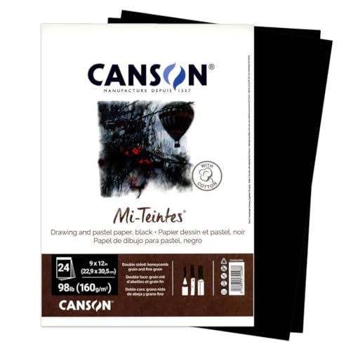 Canson Mi-Teintes Pastel Paper, Black, 9" x 12", 24 Sheets/Pad, 6 Pads | Canson Artist Series, Foldover Pad, 98 lb. (160gsm), Artist Paper for Adults and Students, 144 Sheets Total - size: 9" x 12" (Pack of 6), style: Black