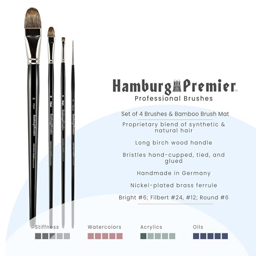 Creative Mark Hamburg Premiere Professional Oil Painting Brushes - Large Asst Set of 4 Handmade Oil Paint Brushes w/ #24 Filbert - Natural & Synthetic Blend, Long Triple-Lacquered Birch Handle - size: Large - Set of 5