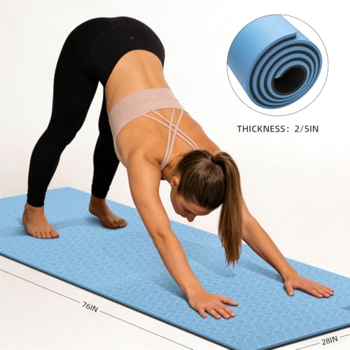 10mm0.4"TPE Yoga Mat Thick Wide Large for Home Workout Carrying Strap | Non Slip Exercise Mats Cushioned Joint-Friendly Stable,76"x28"Extra long Tapis Entrainement Au Sol Fitness,Pilates Gym Travel - color: blue