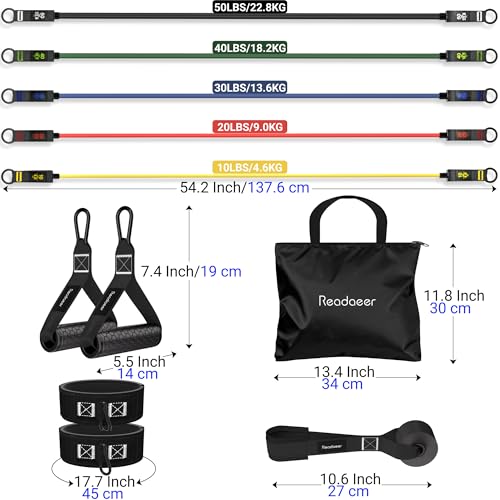 READAEER Resistance Bands, 10-150 LBS Exercise Bands with Handles, Ankle Straps & Door Anchor, Adjustable Workout Bands for Full Body Strength Training, Home, Gym & Travel - size: 10-150LBS