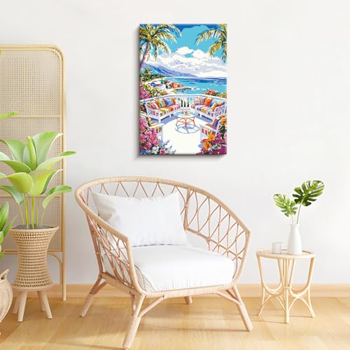 ZTOTZ Paint by Numbers Kit for Adults Framed, Landscape Paint by Number for Teens,Flower Color by Number Kit Canvas Framed for Home Decor 8x12 Inch (Holiday Ocean Scene) - color: B-07-house