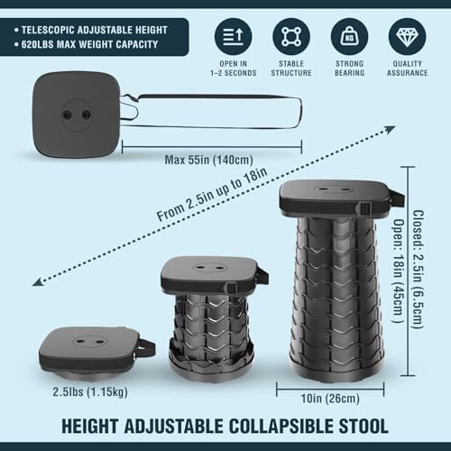 NUMANU Collapsible Stool for Adults, 3-in-1 Cushion + Bag, 620 lbs, Square | Heavy-Duty Telescoping Stool 2.5-18in, 3-in-1 Square Cushion Bag + Drink Holder; Travel, Sports, Camping, Gardening - size: Square (Stool & 3IN1 Carry Bag)