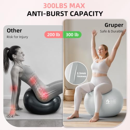 Gruper Exercise Ball, Extra Thick Yoga Ball for Working Out, Yoga & Pregnancy, 4 Sizes Anti-Burst Balance Ball with Foot Pump for Pilates, Physical Therapy & Fitness - color: sliver, size: XL(30IN/75cm)