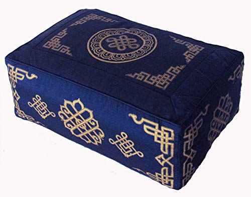 Meditation Cushion - Rectangular Zafu Buckwheat & Kapok Fill - color: Blue Eternal Knot Dharma Key