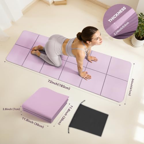 Foldable Yoga Mat Thick Non-Slip Exercise Mat | Packable Travel Fitness Mat, Carrying Bag Included, For Yoga, Pilates, Workout, Home & Gym Use - color: lilac