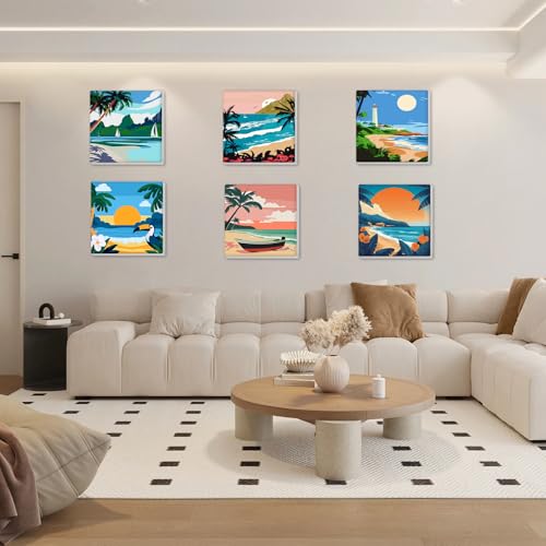 Bowetile 6 Pack Landscape Paint by Numbers for Adults Beginners Framed, Easy Adult Paint by Number Kits on Canvas, Acrylic Painting for Home Decor, 8x8in - color: 8x8in-6-Landscape-03