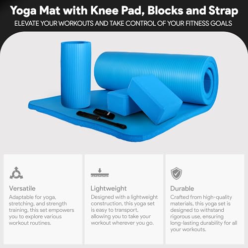 BalanceFrom 71x24 Inches Yoga Mat with Knee Pad and Optional Blocks – Extra 1-Inch Thick Non-Slip Foam with Anti-Tear Surface and Carrying Strap for Home, Studio, or Gym Workouts - color: Blue, style: Mat & Knee Pad & Yoga Blocks