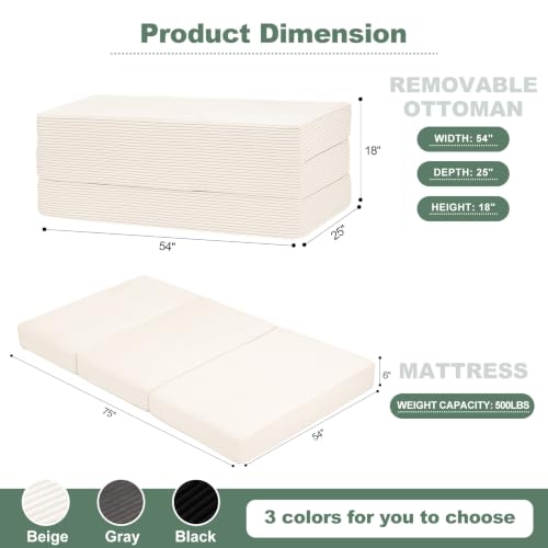 6 Inch Tri Fold Memory Foam Mattress Full Size, Foldable Futon Mattress Topper with Removable Washable Cover, Portable Floor Sofa Bed Guest Mat with Carry Handles & Non-Slip Bottom for Camping - color: Beige, size: Full