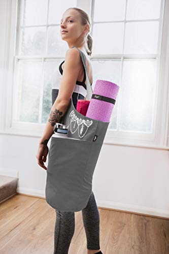 Yoga Mat Bag & Carrier with Pockets for Women | Holds yoga & pilates mats up to 72 in, Fits thick mats, Water bottle & zip pockets, 2 mat straps included, Gift-boxed - color: Gray & White