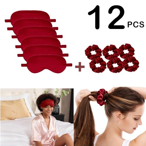 12Pcs Silk Sleep Masks Satin Eye Mask Silky Eyes Cover Blindfold Eyeshade Hair Ties Scrunchy Travel Bridesmaids Gifts - color: Dark Red