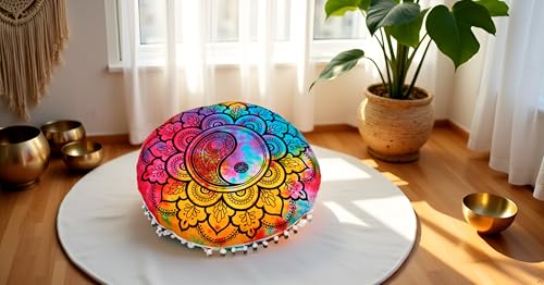 CRAFT KALA 22" Mandala Meditation Floor Pillows Cover Pouf Cover Round Seating Bohemian Mandala Cotton Floor Cushion Cover Outdoor Fireplace Seating Living Room Yoga Room Home Décor (Multi Yin Yang) - color: Multi Flower Yin Yang