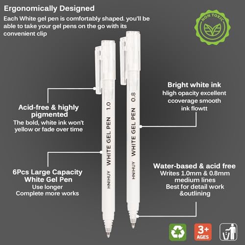 HNIHUY White Gel Pens,1mm, 0.8mm Fine Point White Pens Set, 6 Pack | Opaque White Archival Ink Pen for Black Paper Drawing, Sketching, Illustration, Bullet Journaling - color: White