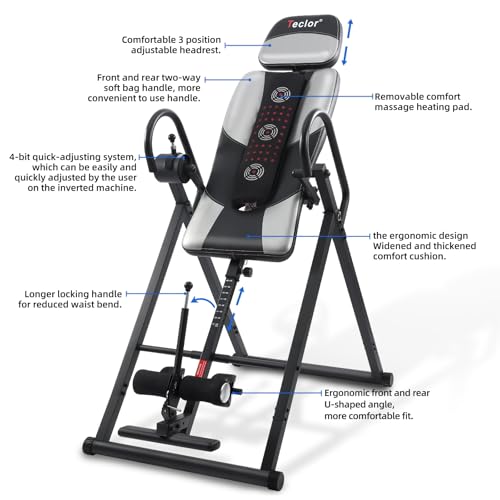 Teclor Inversion Table,Advanced Heat and Massage Function,Strength Training Inversion Table for Back Pain Relief,Heavy Duty Inversion Table 350 lbs Capacity with Wider and Thickened Backrest - color: 실버/블랙.