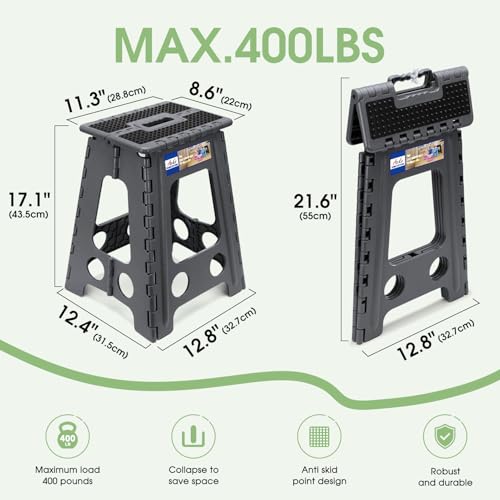 ACKO 17.5" Folding Step Stool, 400 lbs Capacity with Safety Lock, Dot Gray | Portable Foldable Stools with Handle, Heavy Duty Collapsible Non-Slip Foot Stool for Adults & Kids, Kitchen Bathroom Outdoor - color: Dot Grey, size: 17.5 Inch