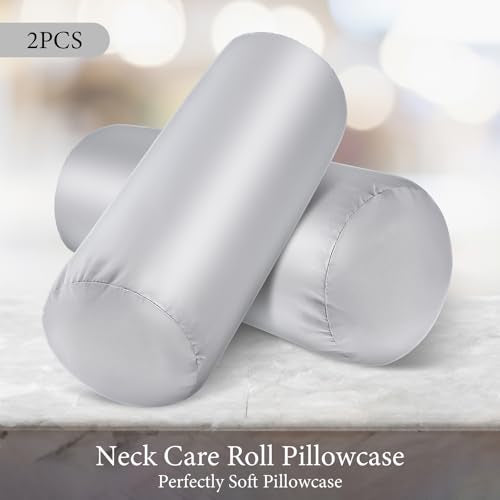 2 Packs Round Neck Pillow Case Covers, 16x5.9inch Cervical Neck Roll Pillow Cover Soft Round Pillow Covers with Zipper Bolster Pillowcases Silk Pillow Case Covers for Hair & Skin(Only Case)