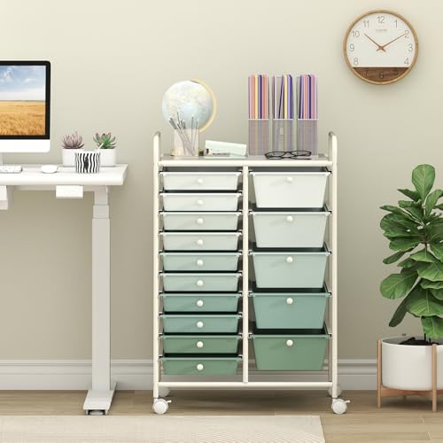 LDAILY 15 Drawer Rolling Storage Cart, Rolling Cart with Drawers for Classroom, Art Supply Craft Organizer on Wheel with Metal Frame & Handles for Home Office School (Gradient Green, 15 Drawer) - color: Gradient Green, size: 15 Drawer