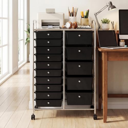DREAMADE 15-Drawer Rolling Storage Cart, Mobile Craft Cart, Black | Utility Organizer with Lockable Wheels, Removable Plastic Drawers and Metal Frame for Home Office, Classroom and Studio - color: Black, size: 24.5"L x 15"W x 38"H