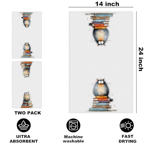 2 Pcs Funny Book Cat Kitchen Towels, Cute Cats Gifts Reusable Hand Towels | Cat Dish Cloths for Drying Dishes, Cats Waffle Dish Towels for Kitchen Bathroom Decor, Book Cat Lover Gifts for Women Mom - color: Multi 1631