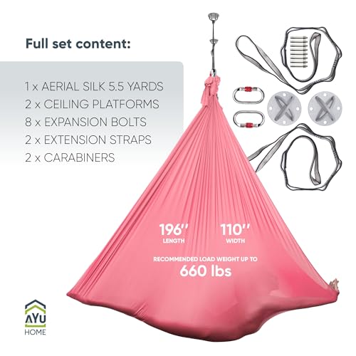 AyuHome Aerial Silks Yoga Swing Aerial Hammock Kit for Home - color: Aerial silk - Pink New