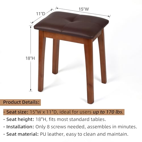 Solid Wood Vanity Stool with Cushion | 11"D x 15"W x 18" H - Small Wooden Ottoman Bench Chair Padded Seat for Bedroom/Living Room/Office/Makeup Vanity - color: Brown - 18"h
