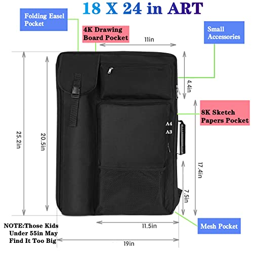 TreochtFUN Art Bags for Supplies Portfolio Case 19 X 25.5 in large | for Storage A2 Canvas Board A3 Sketchbook - Carrying Artwork with Backpack & Tote-handle - color: Black