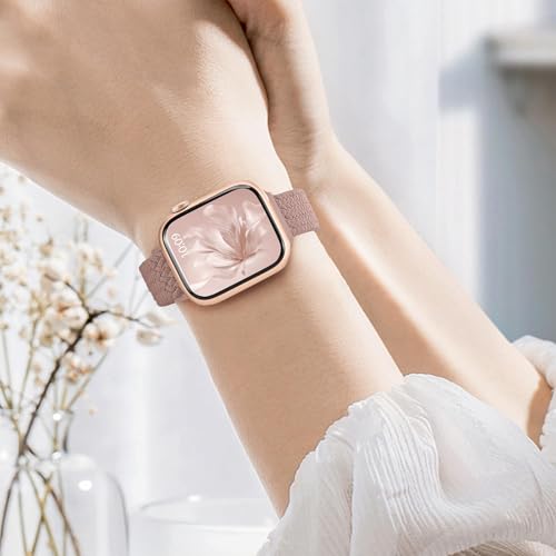 Slim Braided Stretchy Band Compatible with Apple Watch Bands Women | 40mm 41mm 42mm 38mm 44mm 45mm 46mm 49mm Thin Elastic Nylon Solo Loop Strap ,Wristband for iWatch Series 11 10 9 8 7 6 5 4 SE - color: Pink, size: 38/40/41/42mm