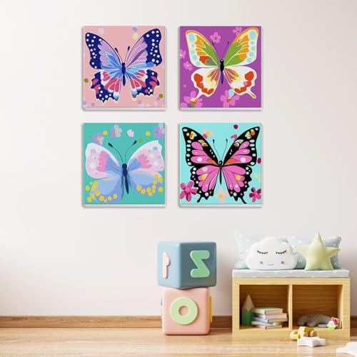 MXJSUA 4 Pack Framed Cute Animals Paint by Numbers for Kids Ages 6-12, Colored Butterflies Paint by Number Kits for Children Beginner, Acrylic Oil Painting for Home Wall Decor (8x8inch) - color: Animal-f
