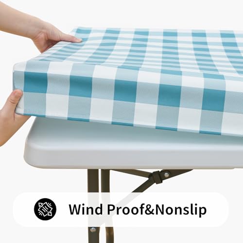 Smiry 4 Foot Picnic Table Cloth, Flannel Backed Fitted Vinyl tablecloths | Waterproof Elastic Rectangle Tablecloth ,Buffalo Plaid Table Covers for Dining, Camping, Outdoor (Aqua and White, 24" x 48") - color: Aqua and White, size: 48" x 24" (Rectangular)