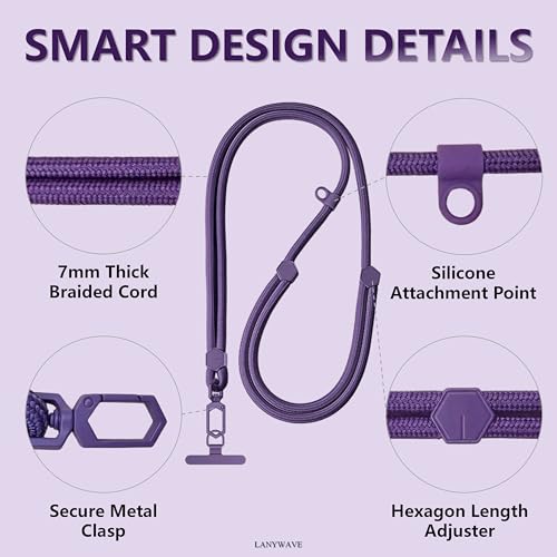 Adjustable Crossbody Phone Lanyard, Braided Cord with Tether Tab | Braided cord, Tether tab, Secure clasp, Accessory clip for hands-free crossbody use - color: Dpurple