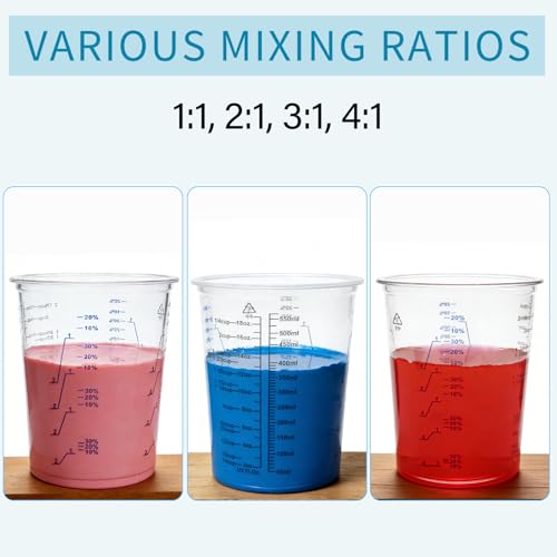 50 Pack Epoxy Mixing Cups 20 oz (600 ml) | Disposable Measuring Cups with 50 Wooden Stir Sticks, Measurement Ratios: 1:1, 2:1, 3:1, 4:1 for Resin, Liquid and Paint
