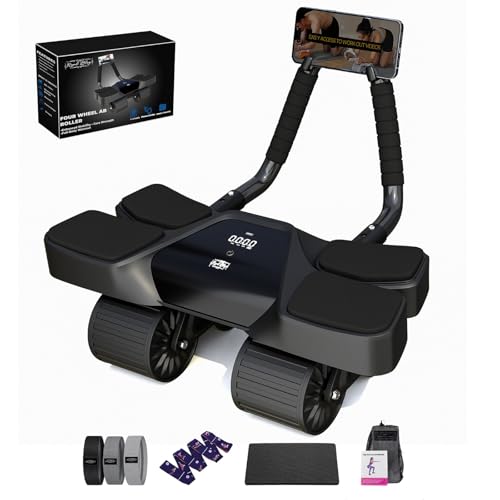 Ab Roller Home Gym Equipment β 4 Wheels Ab Wheel Muscle Roller with Automatic Rebound, Yoga Stretching Strap, 3 Resistance Bands β Comfortable Elbow Support with Non-Slip Handles β Built-in Workout Tracker - color: Black + 3 Bands + 1 Strap