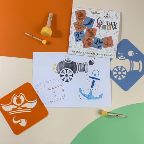 NAKLEO Painting Stencils for Kids, 8 Pcs Set 6x6” Pirates, Children Creative Drawing Templates Plastic and Reusable, DIY Decoration Arts and Crafts, Paper Wall Wood Fabric - color: PIRATES
