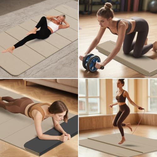 PAIDU Foldable Yoga Mat 10MM Thick 75‘’x40‘“ Quick Fold Easy Storage - color: Beige+Black