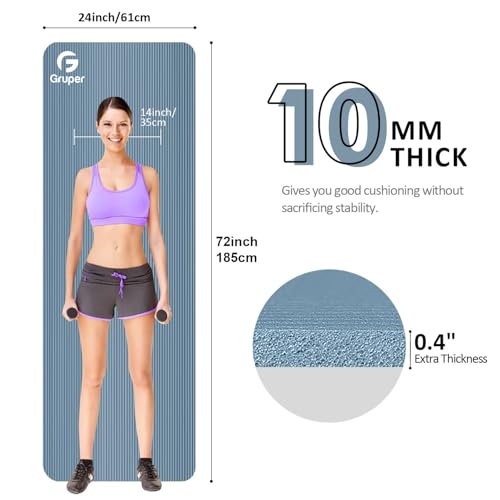 Gruper Yoga Mat Non Slip NBR Extra Thick Yoga Mat, 72"L x 32"/24"W x 0.6"/0.4"TH (185cm x 80cm/61cm x 15mm/10mm), Anti-Tear Exercise Mat with Carrying Strap and Bag, Workout Mats for Yoga, Pilates - color: Grey Blue, size: 72 x 24 x 0.4 inches