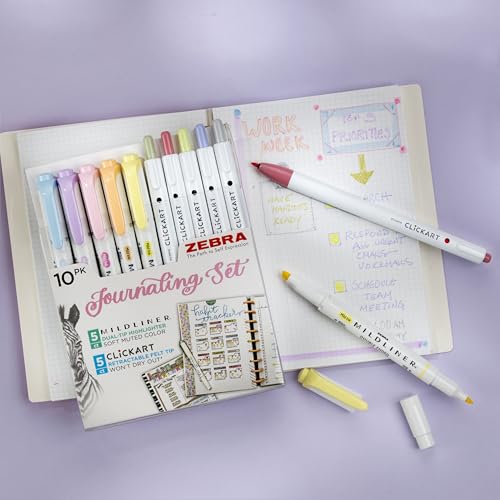 Zebra Pen Journaling Set, MILDLINER & CLiCKART, Assorted Colors, 10-Pack | Includes 5 MILDLINER Highlighters & 5 CLiCKART Felt Tip Pens, Ideal for Bible Study, Note-Taking & Bullet Journaling (14010) - style: Premium Journaling Set 12 Pack