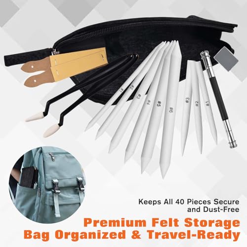 GOLD DEER 40PCS Sketch Drawing Tools, 15 Blending Stumps Set, Pencil Extender, Eraser, 2 Sketch Wipe Scrapers, 2 Sandpaper Pencil Sharpeners & 20 Sponge Replacement Heads with Felt Bag