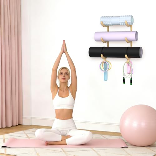 Wooden Yoga Mat Holder Wall Mount, Yoga Mat Storage Rack Organizer - color: Wood 3-tier