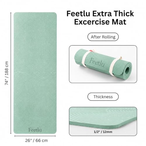 Extra Thick 12mm Exercise Mat – 74"L x 26"W Inch, Non-Slip, Joint-Friendly & Cushioned Fitness Mat for Yoga, Pilates & Floor Workouts – Durable, Supportive & Includes Feetlu Classic Strap - color: Green