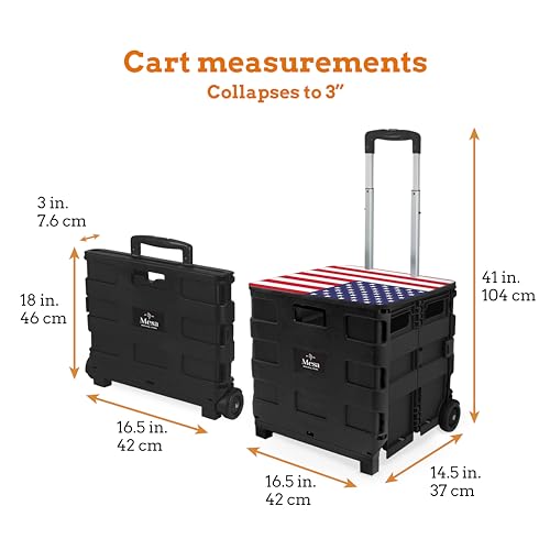 Inspired Living Collapsible Ultra-Slim Pack-N-Roll,2 Wheel Utility Cart w/Lid Used as Seat up to 250 Lbs, Telescopic Handle, Super Strong, for Home,Garden,Shopping,Office,School, Large, American Flag - color: American Flag Print, size: Large/ Lid