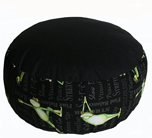 Meditation Cushion Zafu Pillow Buckwheat & Kapok Fill - Limited Edition Yoga Frogs - color: Yoga Frogs