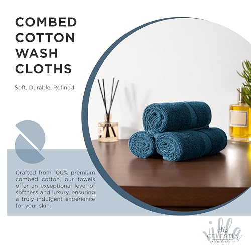 Villa Celestia Cotton Washcloths Set of 12, 12x12 Inch, 100% Ring-Spun Combed Cotton, Soft Absorbent Quick-Dry Wash Cloths for Face and Body, Oeko-TEX Certified, Hotel & Spa Quality, Blue - color: Blue, size: Washcloth - Pack of 12