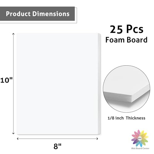 Mat Board Center, Pack of 25 Foam Core Backing Boards 1/8" (8x10, White) | Acid Free, Polystyrene, Warp-Resistant, Double-Sided Foam Poster Board, Easy to Cut & Write for Display, Draw, Crafts & Art - color: White, size: 8x10