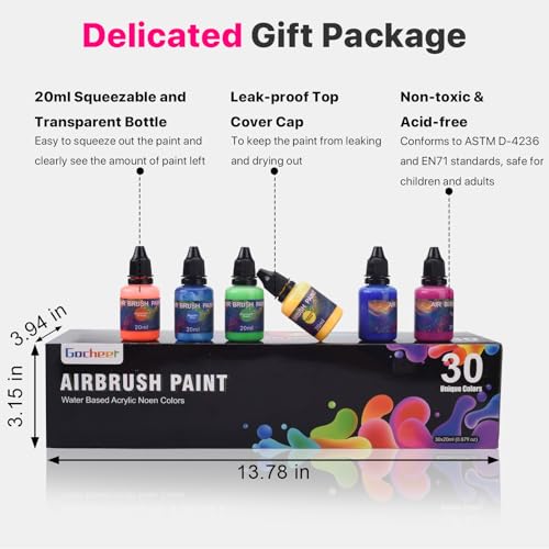 Gocheer Airbrush Paint - 30 Colors with 3 Thinner, Ready to Spray Airbrush Paint Set, Water-Based Acrylic Air Brush Paints for Metal, Plastic Models, Canvas, Wood - 33 Bottles