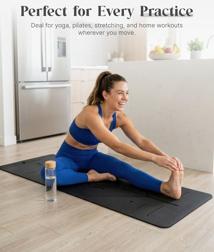 ROMIX Pro Yoga Mat With Alignment Lines, 6Mm Thick Non-Slip Exercise Mat | 72 x 24 In TPE Large Pilates Mat For Home Workout, Stretching, Training, Meditation, Carry Bag Included For Women And Men - color: Black