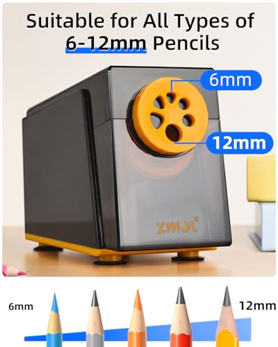 ZMOL Electric Pencil Sharpener,Heavy Duty for Classroom, 6-12mm, Black | Auto Stop,6 Holes,Plug-in, 3 Tip Adjustments,Fits 6–12mm No.2 & Colored Pencils for School/Home/Teachers - color: Black