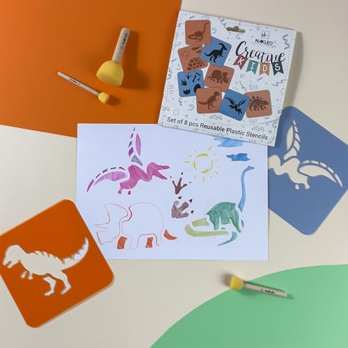 NAKLEO Painting Stencils for Kids, 8 Pcs Set 6x6” Dinosaurs, Children Creative Drawing Templates Plastic and Reusable, DIY Decoration Arts and Crafts, Paper Wall Wood Fabric - color: DINOSAURS